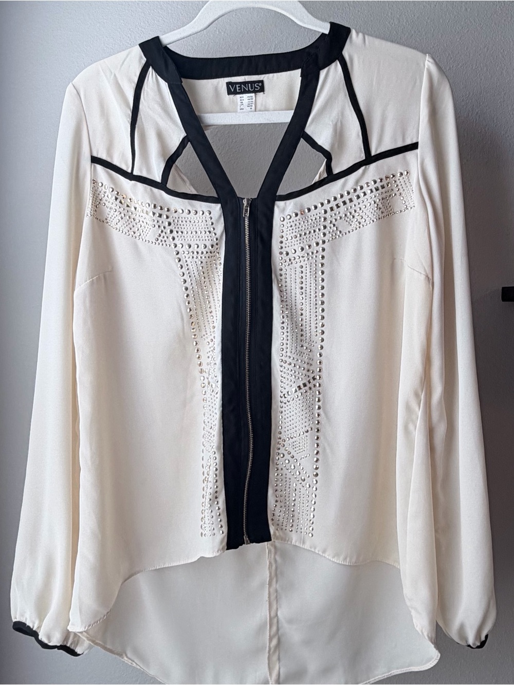 VENUS Cream Blouse with Black Trim & Zip Front